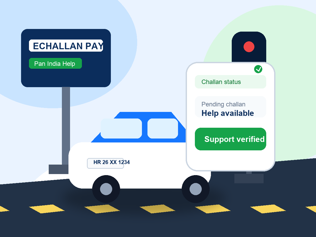 Traffic challan assistance shown with a car, status card, and support confirmation